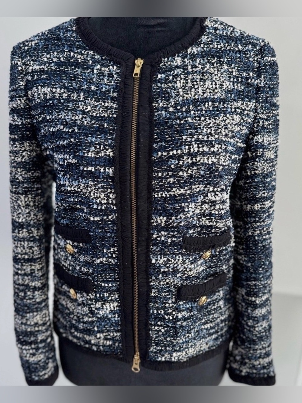 Juicy Couture Navy, Gray and White Tweed Zip Jacket
